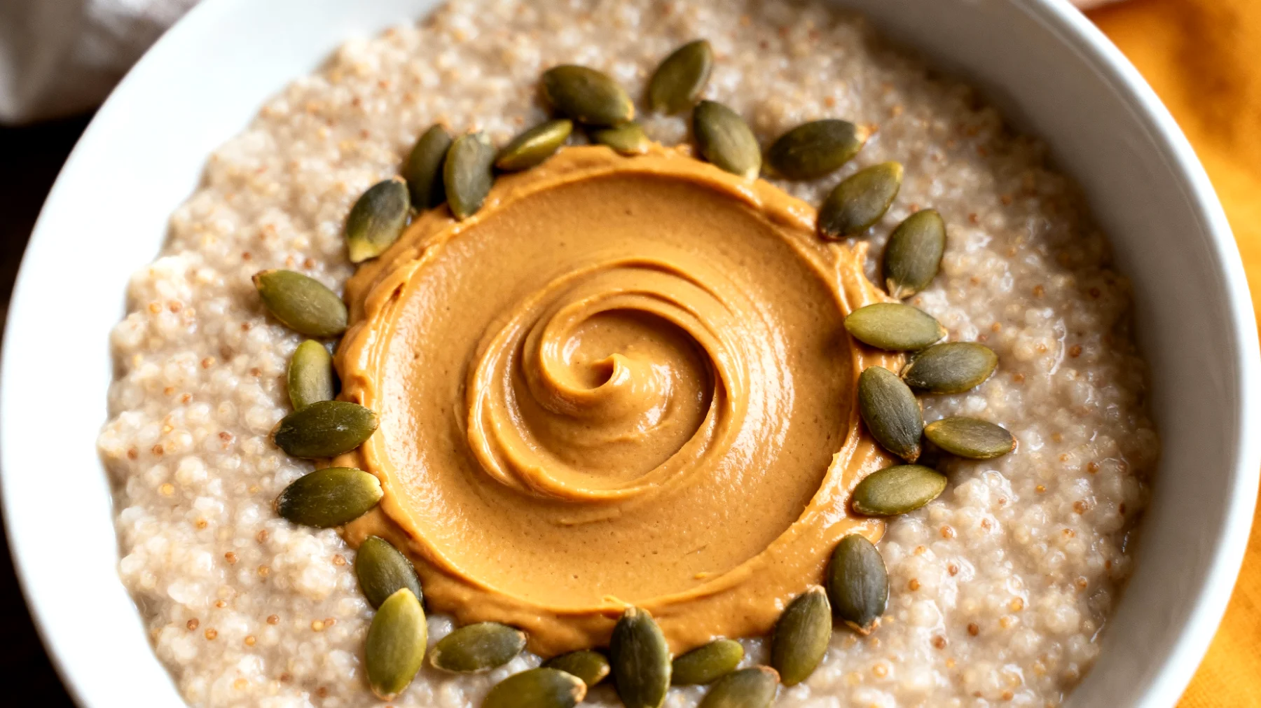 Amaranth-Porridge mit Mandelbutter und Kürbiskernen"
