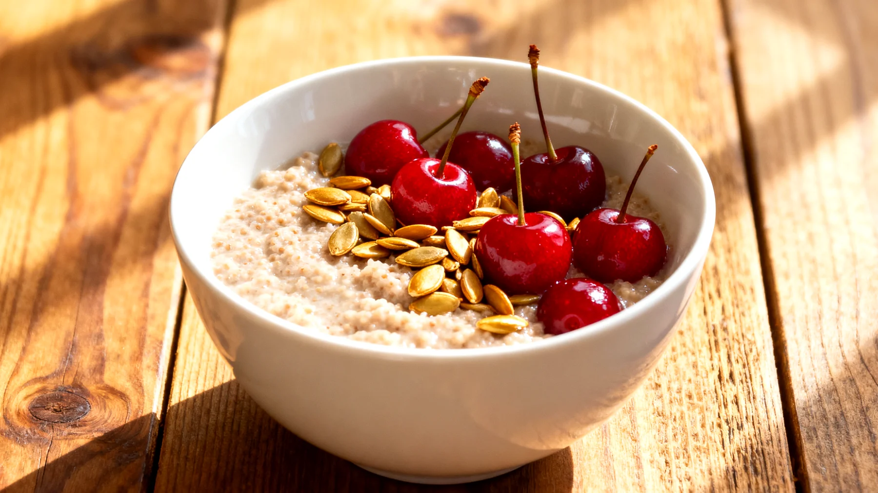 Amaranth-Porridge mit Sauerkirschen und Kürbiskernen"