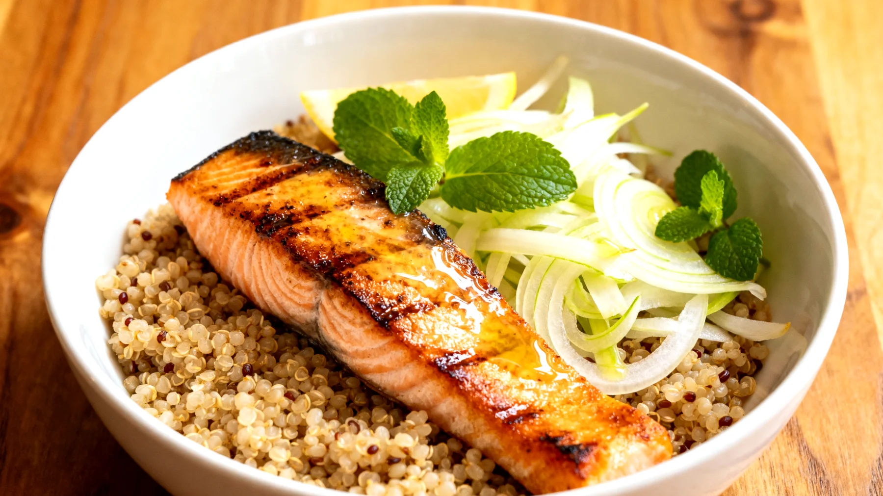 Fenchel-Quinoa-Bowl mit gedünstetem Lachs und Zitronenmelisse"