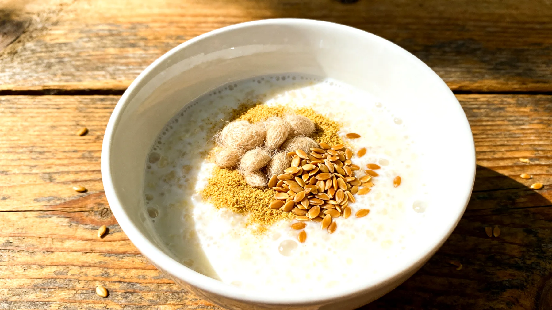 Flohsamenschalen (Psyllium) mit Kefir und geschroteten Leinsamen"