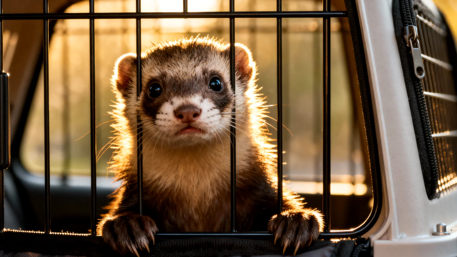 Frettchen werden während einer Reise gestresst und benötigen eine sichere, komfortable Transportlösung sowie regelmäßige Pausen für Bewegung, Toilettengänge und Flüssigkeitsaufnahme"