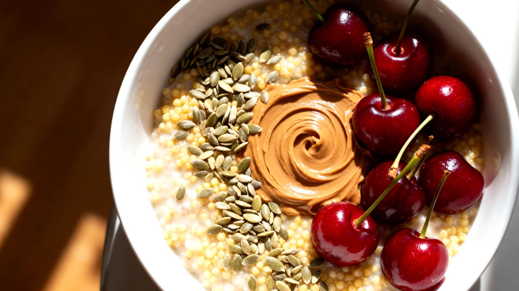 Hirsebrei mit Hanfsamen, Kirschen und Mandelmus"