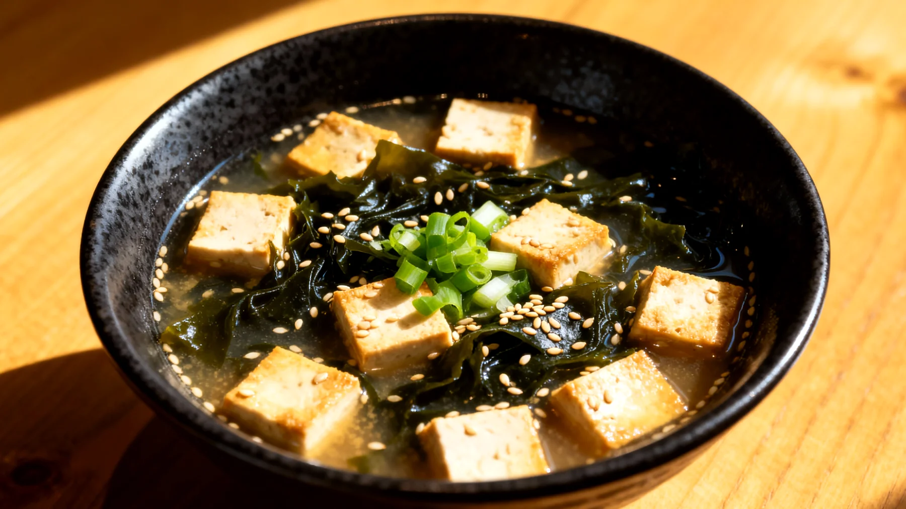 Miso-Suppe mit Wakame-Algen und Sesam-Tofu"