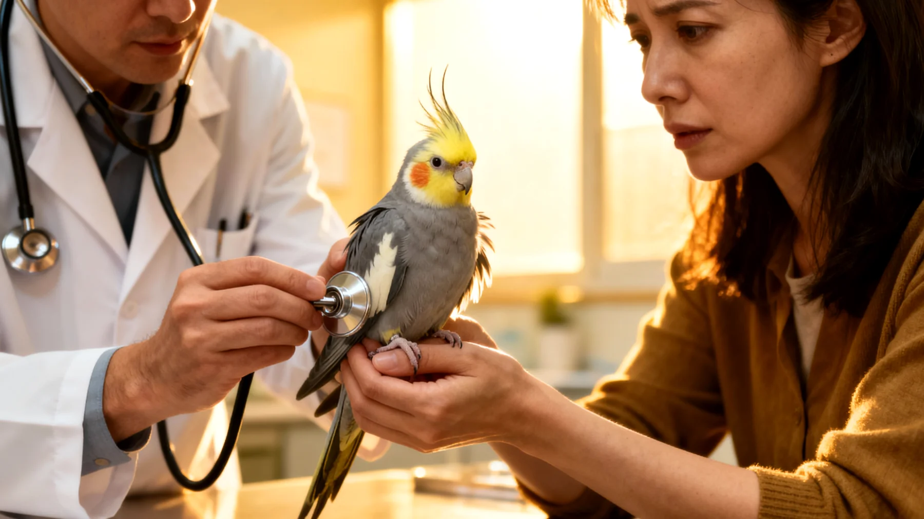 Nymphensittiche benötigen regelmäßige tierärztliche Vorsorgeuntersuchungen, da sie als Beutetiere Krankheitssymptome oft lange verbergen und gesundheitliche Probleme erst in fortgeschrittenen Stadien sichtbar werden"