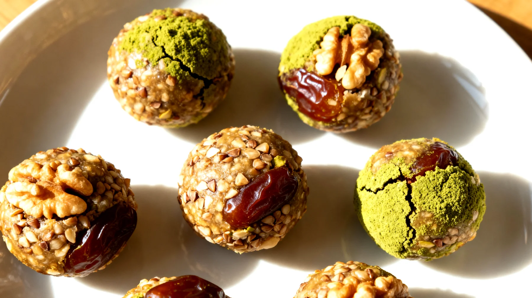 Walnuss-Buchweizen-Energiebällchen mit Matcha und Datteln"