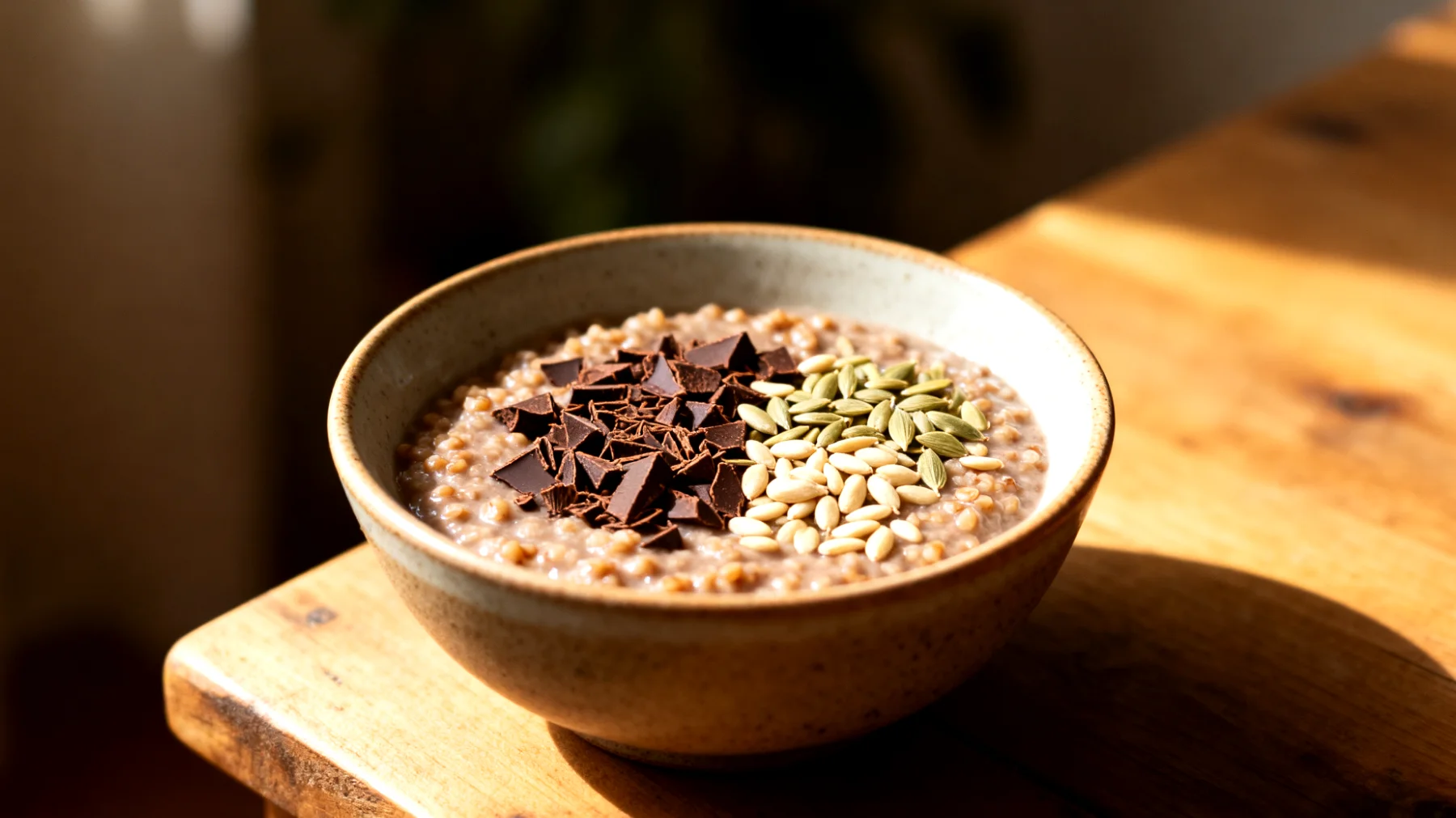Buchweizen-Porridge mit Kakao-Nibs und Hanfsamen"