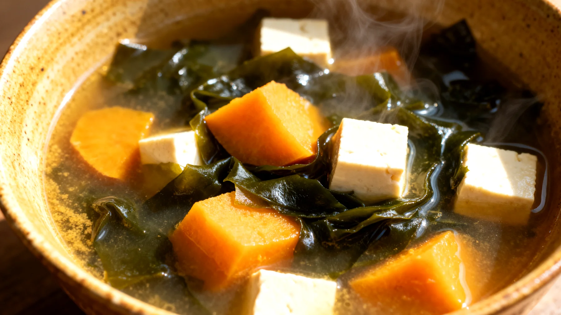 Miso-Suppe mit Wakame-Algen, Tofu und Süßkartoffel"