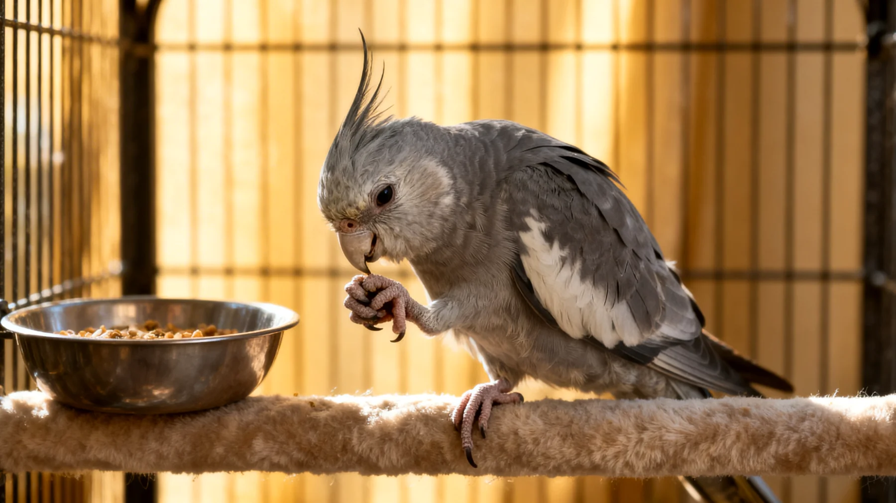 Ältere Nymphensittiche benötigen angepasste Pflegeprodukte und spezielles Zubehör, da sie oft unter Gelenkproblemen, verminderter Griffkraft und nachlassender Sehkraft leiden, was herkömmliche Sitzstangen, Näpfe und Käfigausstattung ungeeignet macht"