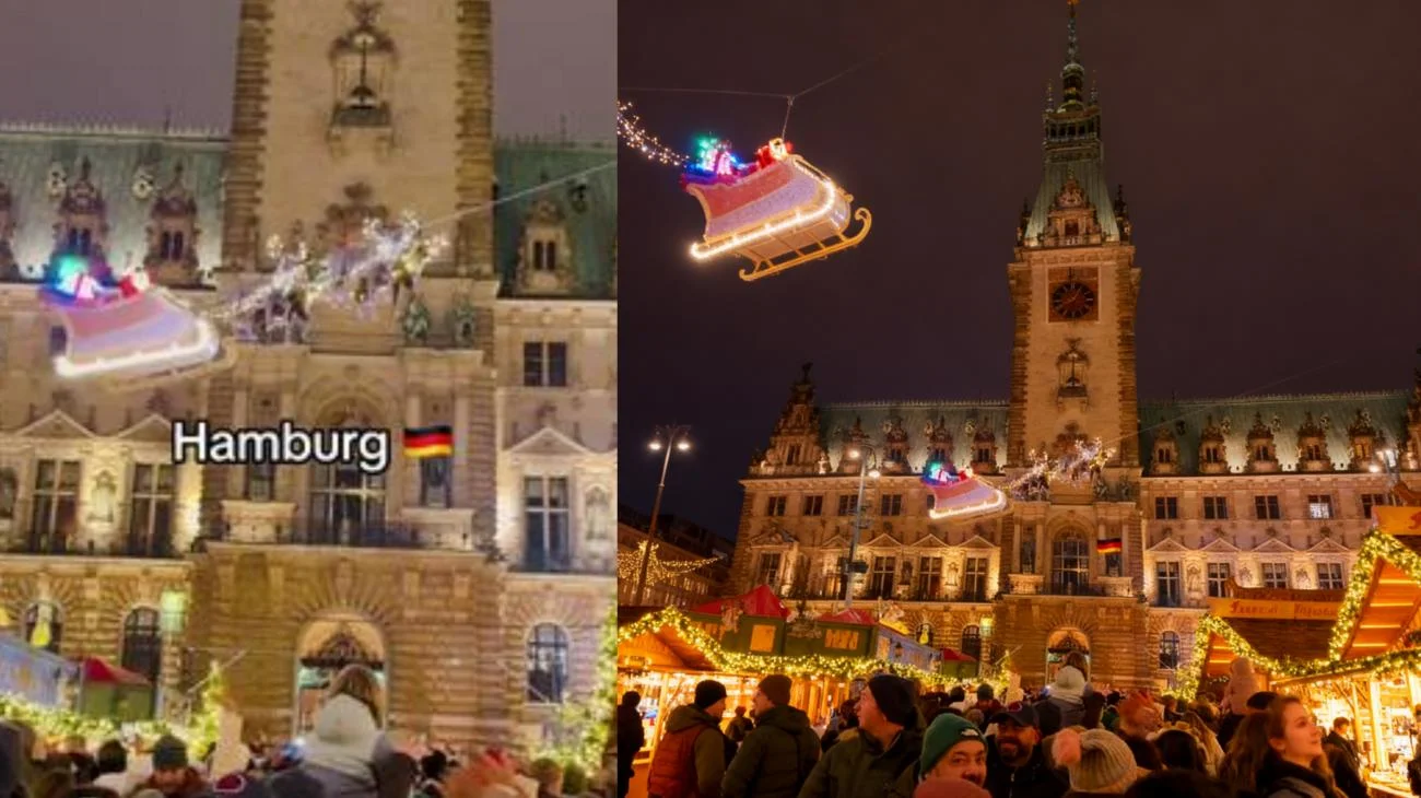 Santa Flying Over the Crowd in Hamburg Christmas #hamburg #rathaus #santaclaus #christmasevent #travelwalkstv"